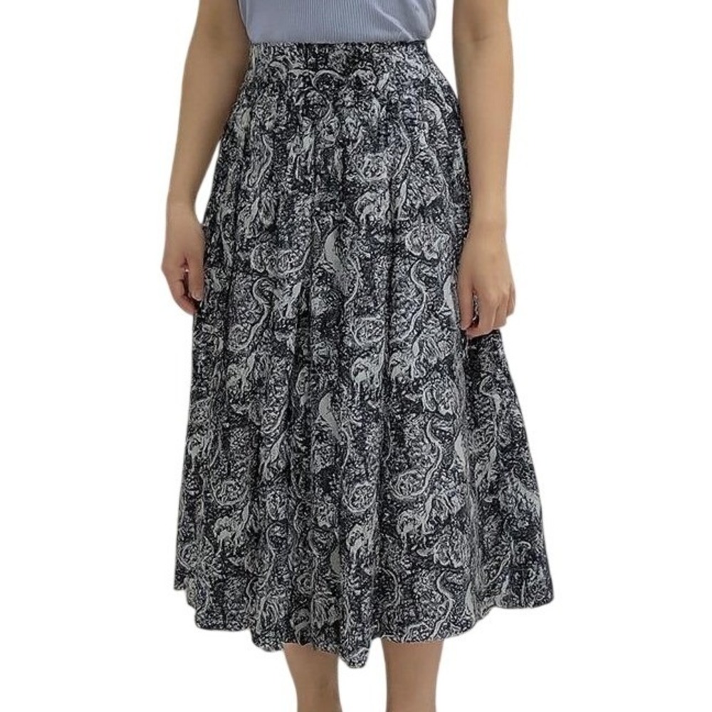 Vintage Liz Claiborne Collection Paisley Midi Skirt Navy White Petite Rayon Wool